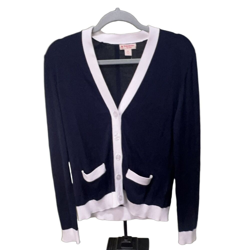 Brooks Brothers Women’s M Blue V-Neck Cardigan Sweater Cotton Rayon Knit Pockets